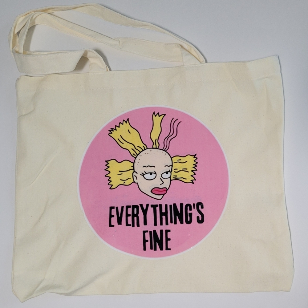 Hand Crafted Cream Tote with Pink "Everything's Fine" Graphic